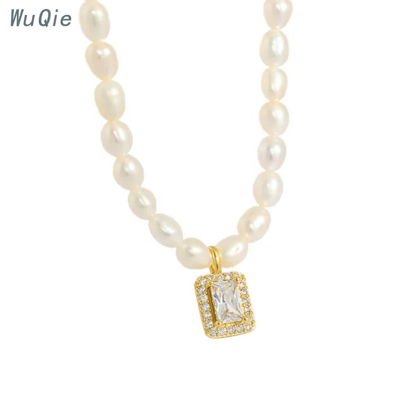 Wuqie Beauty CZ Mirco Pave Square Pendant Necklace Elegant Pearl Necklace Silver Jewelry