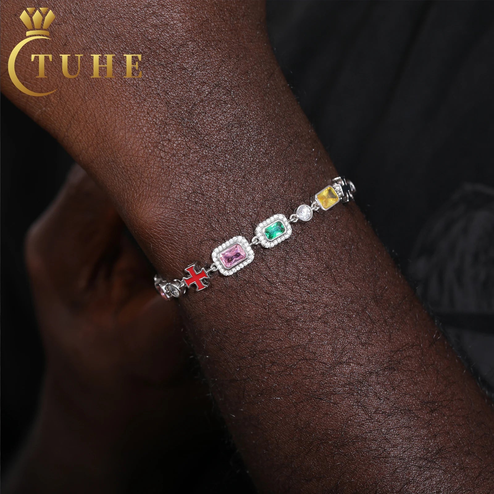Minimal Party Jewelry White Gold 7mm 925 Sterling Silver VVS Moissanite Colored Gemstone Cluster Enamel Cross Tennis Bracelet