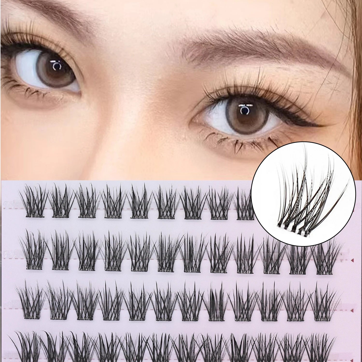 Handmade 6 Row Mixed Length  Self-Adhesive Press-On Lash Extensions Natural Looking False Eyelash Sets No Glue Needed Set