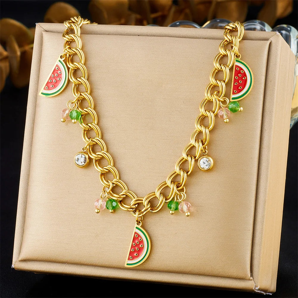 New Cartoon Stainless Steel Watermelon Pendant Necklace Non Tarnish 18k Pvd Gold Plated Colorful Watermelon Charm Necklace