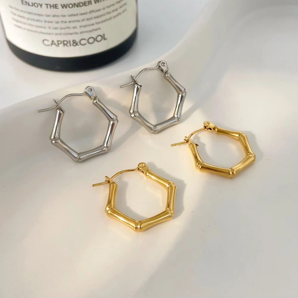 Stainless Steel Hexagonal Bamboo Joint Ear Buckle C-shaped Design Titanium Steel Earring Fashion Jewelry