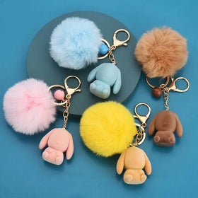 Cute Animal Car Pom Pom Fluffy Keychain Flocking Plush Rabbit Doll Keychain Fur Bom Bom Pendant PomPom Fur Fluffy Bunny Key Ring