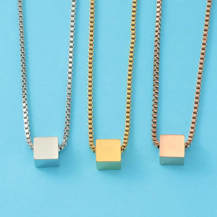 Hip Hop Stainless Steel Geometric Square Necklace Men Women Fashion Engravable Date Logo Name Blank Cube Pendant Necklace Gifts