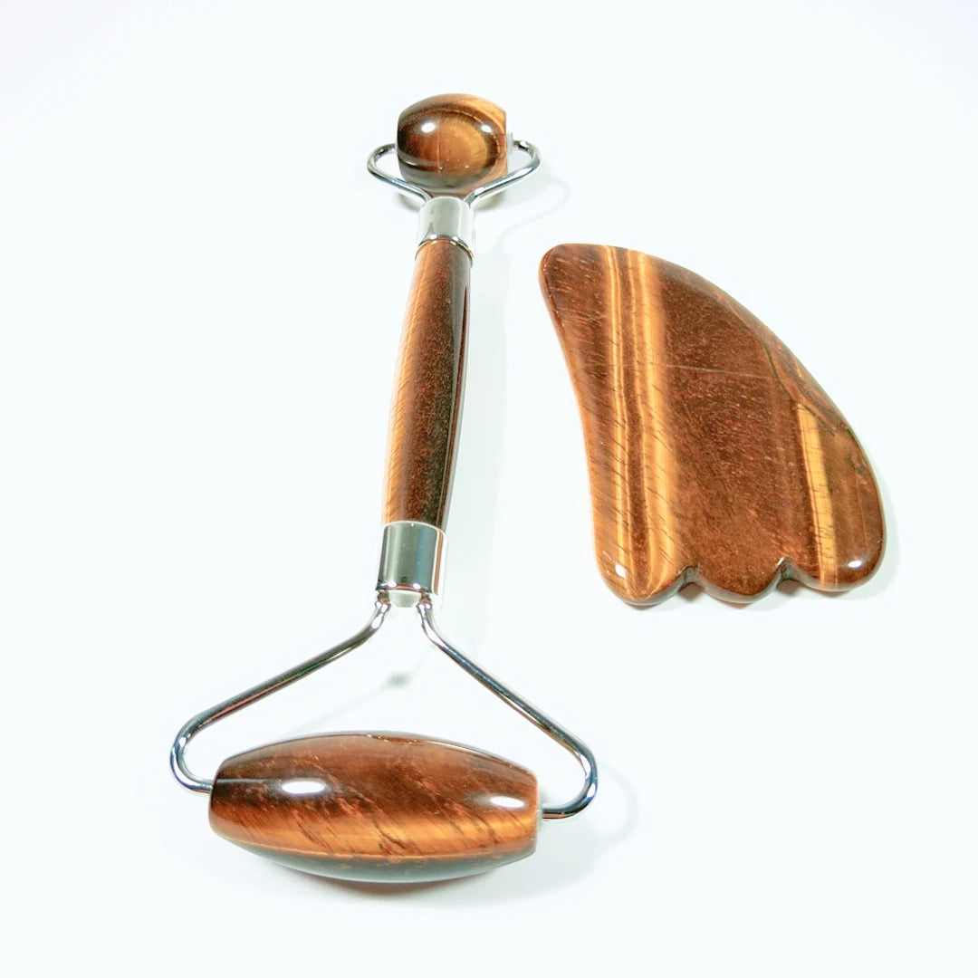 2026 Roselyn Boutique Anti Aging Real Tiger eye Jade Roller Gua Sha Skin Care Roller Tool Set