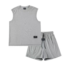 Gym Fitness Sweat Suit Custom logo 100% Polyester Sweatsuit Men Tank Top Shirt and Shorts Set 2 Piece