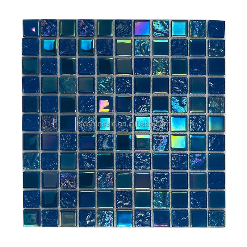 Iridescent Rainbow Glass Mosaic Tiles Square Sapphire Blue Crystal Swimming Pool Tile Wall Decor Tile
