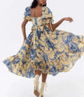 French Puff Sleeves 2024 Summer New Square Neck Waist Back Bow Tie Large Swing Tie-Dye Print Dress