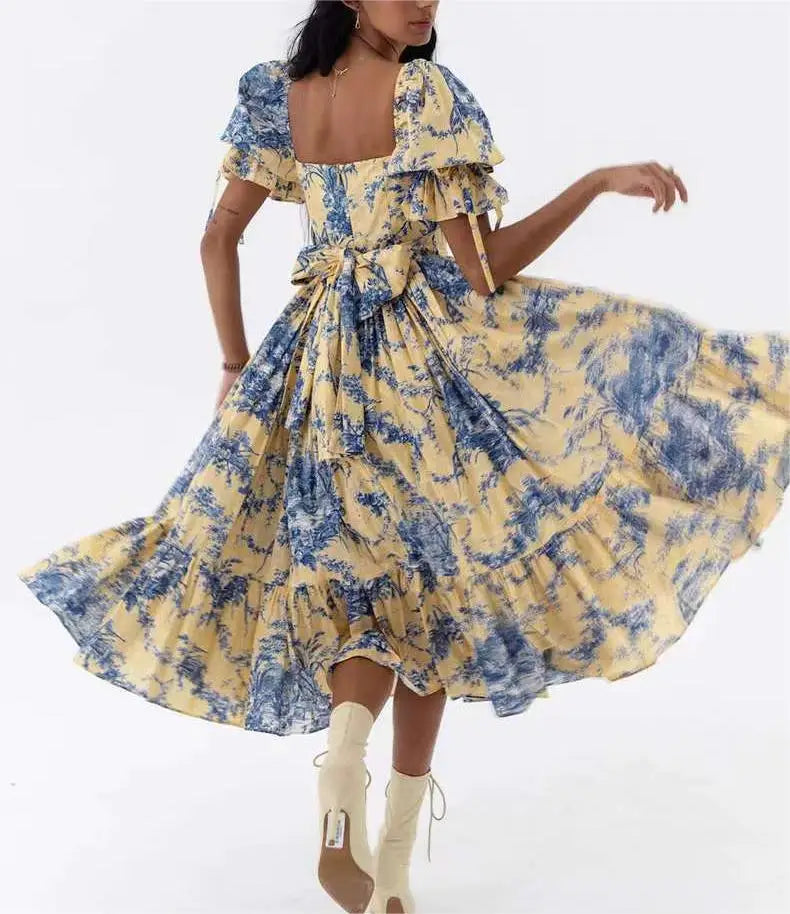 French Puff Sleeves 2024 Summer New Square Neck Waist Back Bow Tie Large Swing Tie-Dye Print Dress