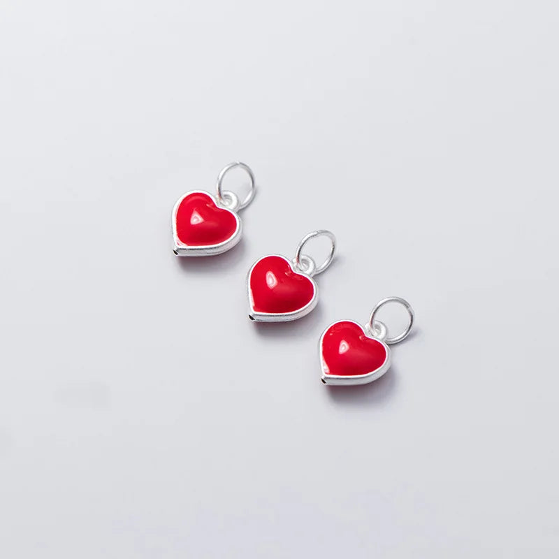 9.5mm Solid S999 Sterling Silver Red Enamel Heart Charm Pendant for Jewelry Making