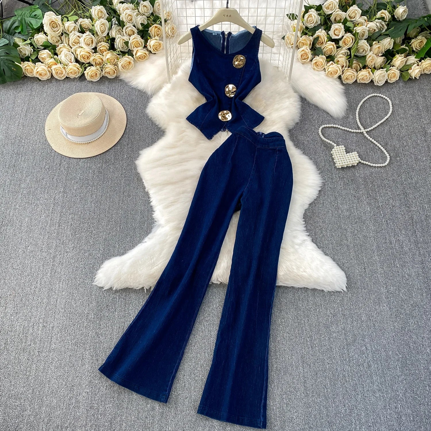 Metal Button Round Collar Sleeveless Denim Vest Vest High Waisted Wide Leg Pants Set