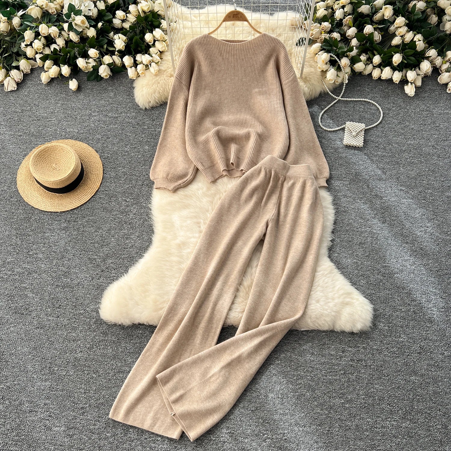 Autumn and Winter New Style Lazy Pullover All-in-one Sweater Sweater Women's Two Sets of High-waisted Casual Wide-leg Trousers