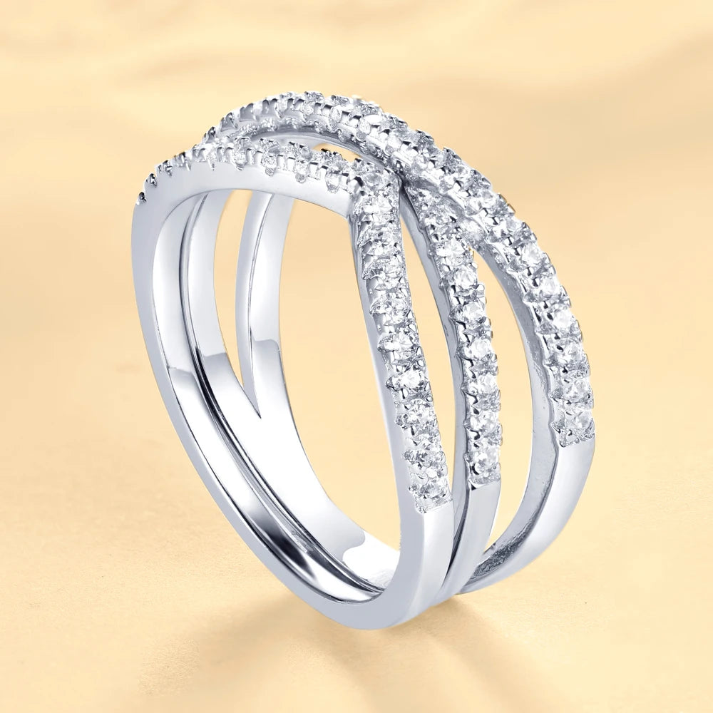 Modern Stylish Simple Women's Rhodium Plated Zircon Ring Sterling Silver for Wedding Anniversary Party