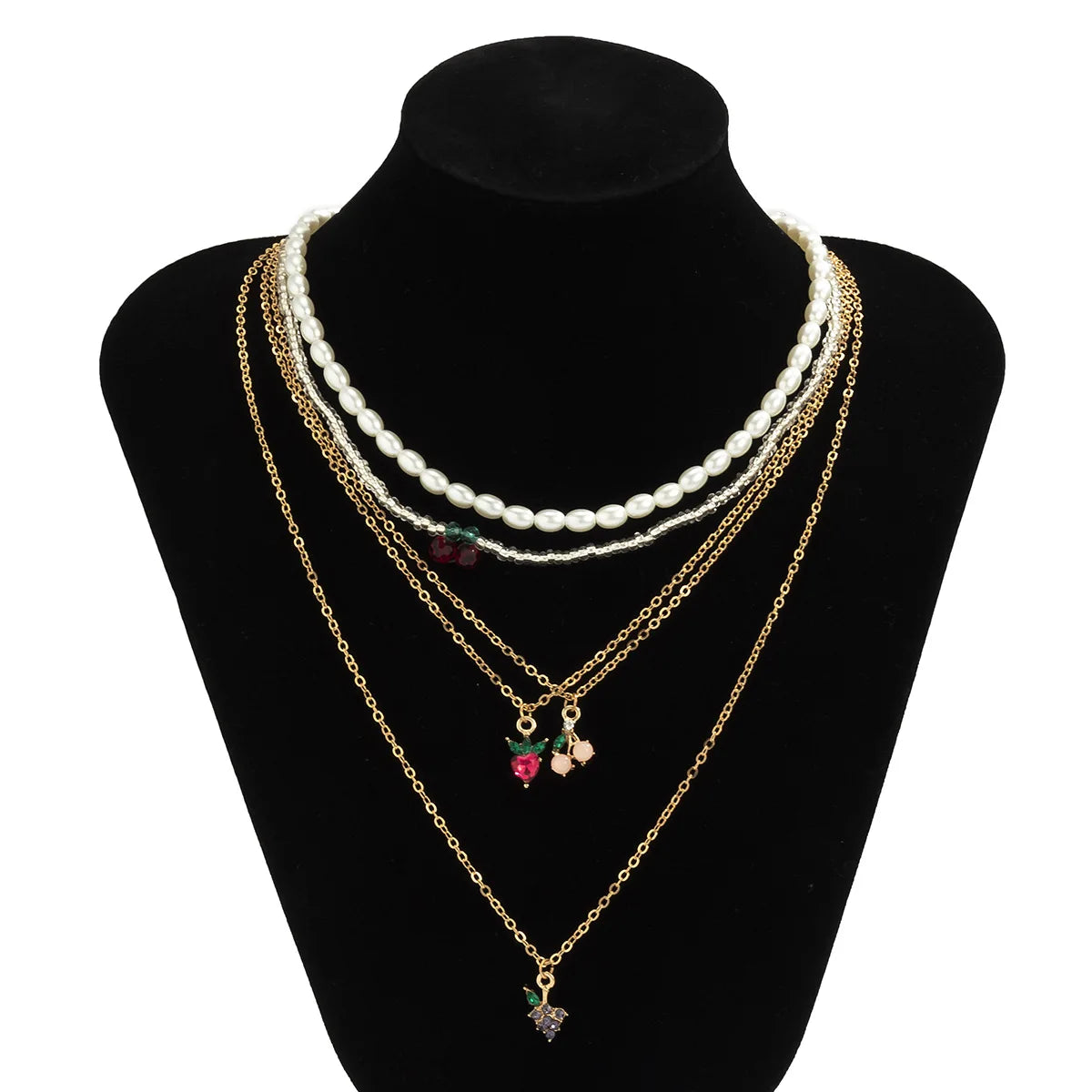 RisingMoon 2023 Fashion Sweet Fruit Cherry Alloy Pearl Set Necklace Jewelry for Women