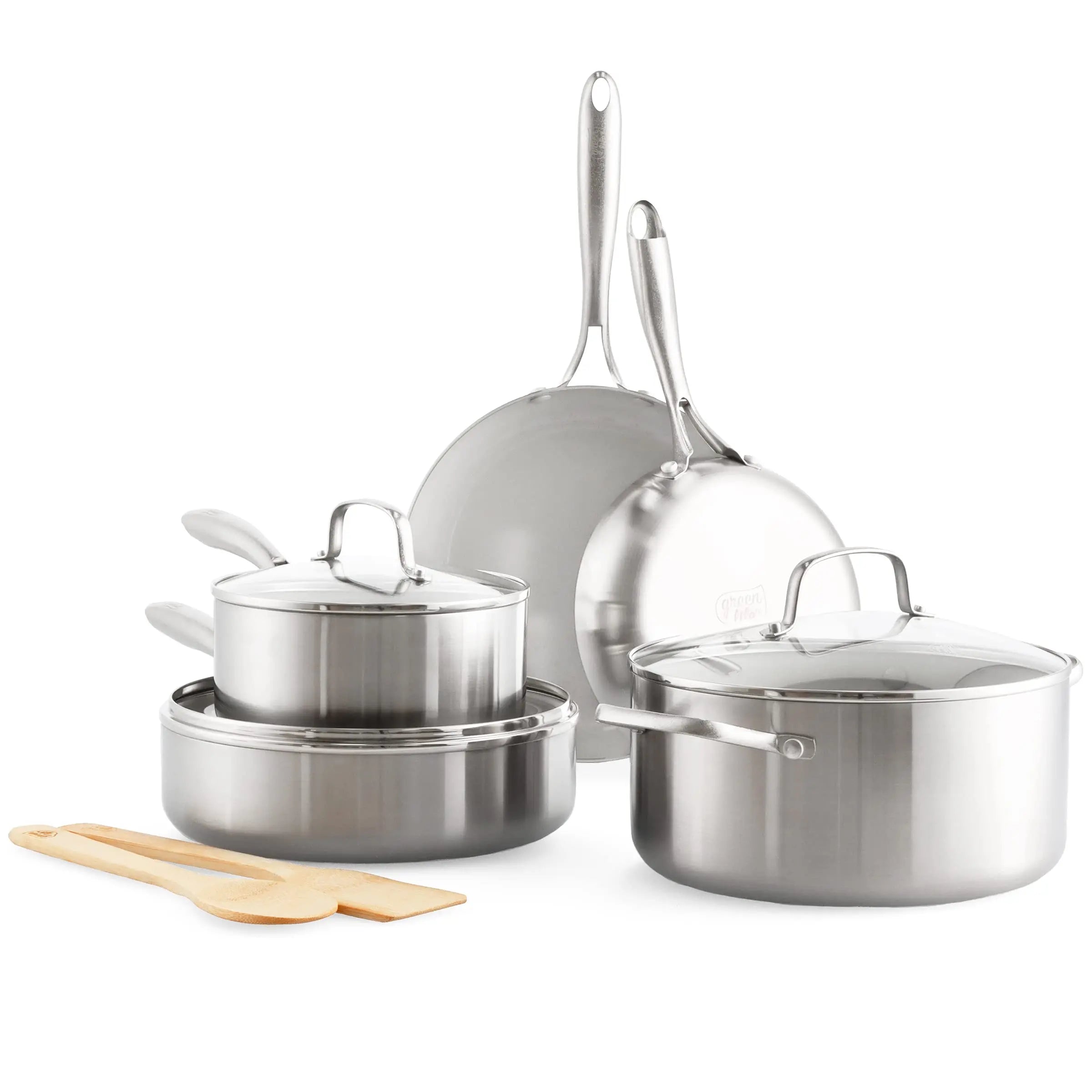 10 Piece Cookware Pots and Pans Set Tri-Ply Stainless Steel Healthy Ceramic Nonstick PFAS-Free With Stay Cool Handles