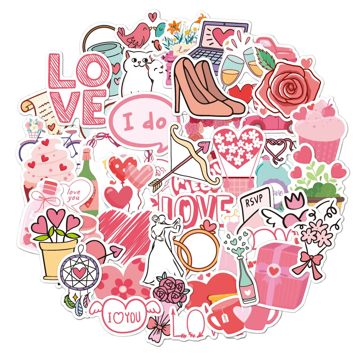 Custom 50Pcs Popular Cute Graffiti Stickers Vinyl Pink Girl Love Icon Sheet Decor Stickers for Bottle Laptop Luggage