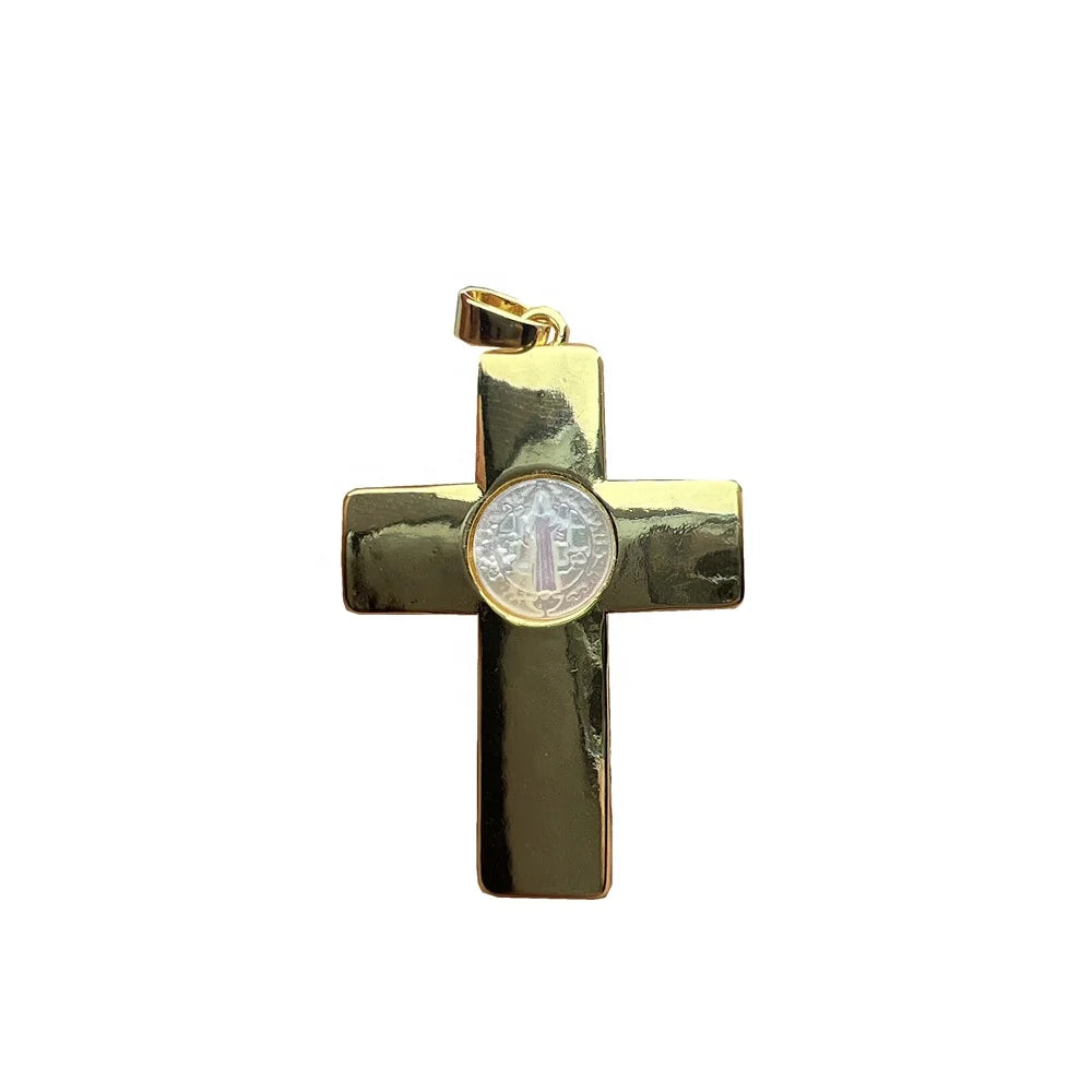 Natural White Sea Shell Saint Benedict Cross Pendants Large Charms for Jewelry Making Men Women Necklace Accessories