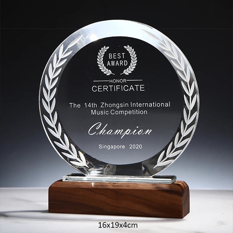 Wholesale K9 Blank Crystal Trophy Personalized Custom logo 3d Laser Engraving Crystal Glass Trophy with Wooden Base