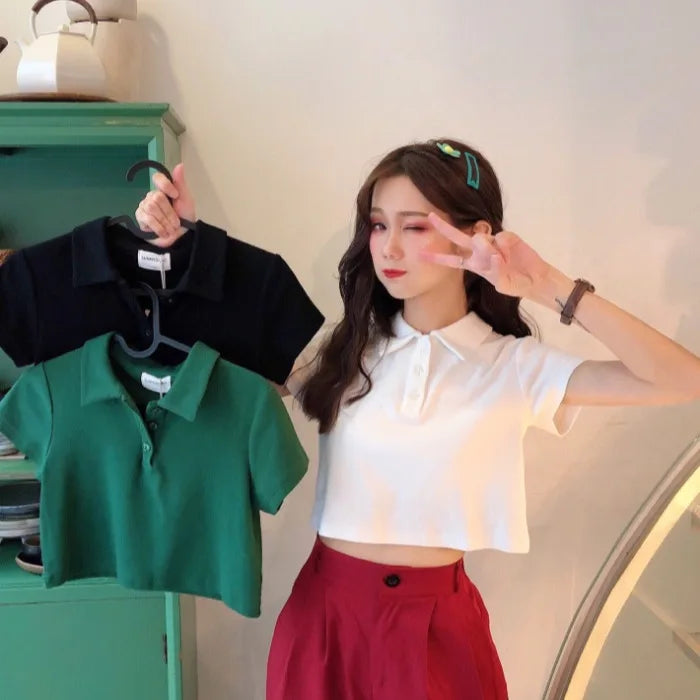 New Korean Edition Polo Shirts for Women Summer 2020 Crop Top with Embroidery Decoration Thin High-Waisted Short Plus Size