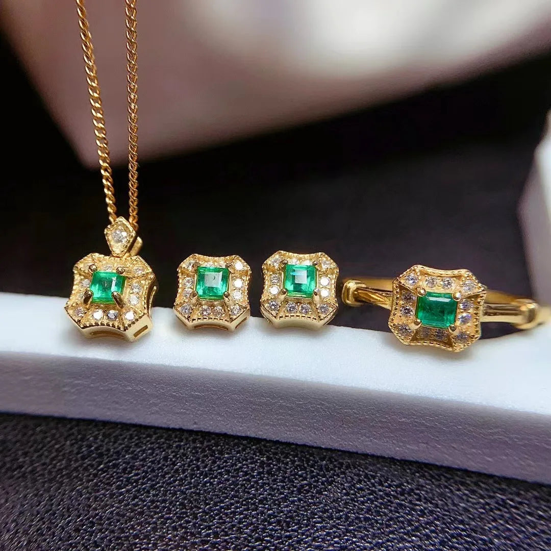 New Design African 925 Sterling Silver 18k Gold Plated Natural Emerald Jewelry Set