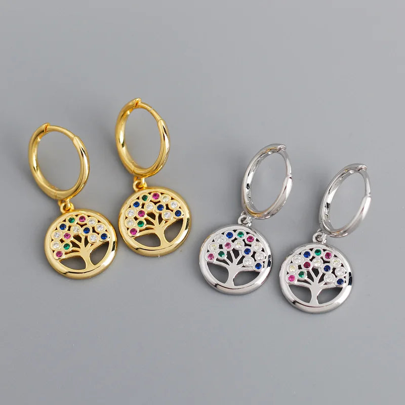 Light Luxury Gold Plated Sterling Silver Tree of Life Earrings Pave Multi-Colored CZ Diamond and Zircon Classic Style