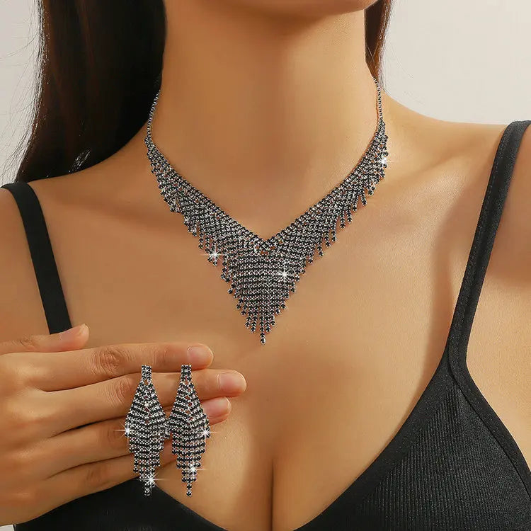QS Multi-style Black Crystal Rhinestone Necklace Earrings Set Wedding Bridal Jewelry Set for Women