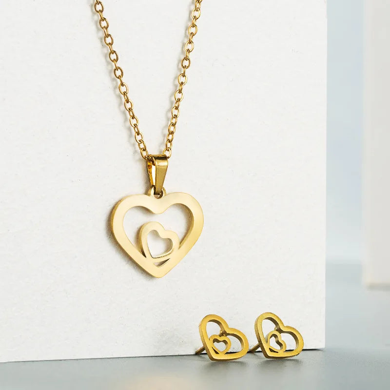Creative 18K Gold Plated Hollow Heart Necklaces Set Stainless Steel Double Heart Jewelry Set for Women