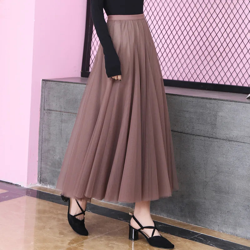 Wholesale Girl Skirt Women Summer Spring Mesh Tulle Skirts Elastic High Waist a Line Long Skirts