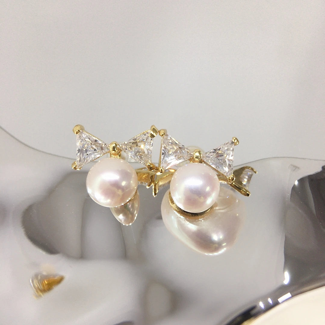 Wholesale Zircon Bow Stud Earrings Natural Freshwater Pearl Earrings for Women's Gift