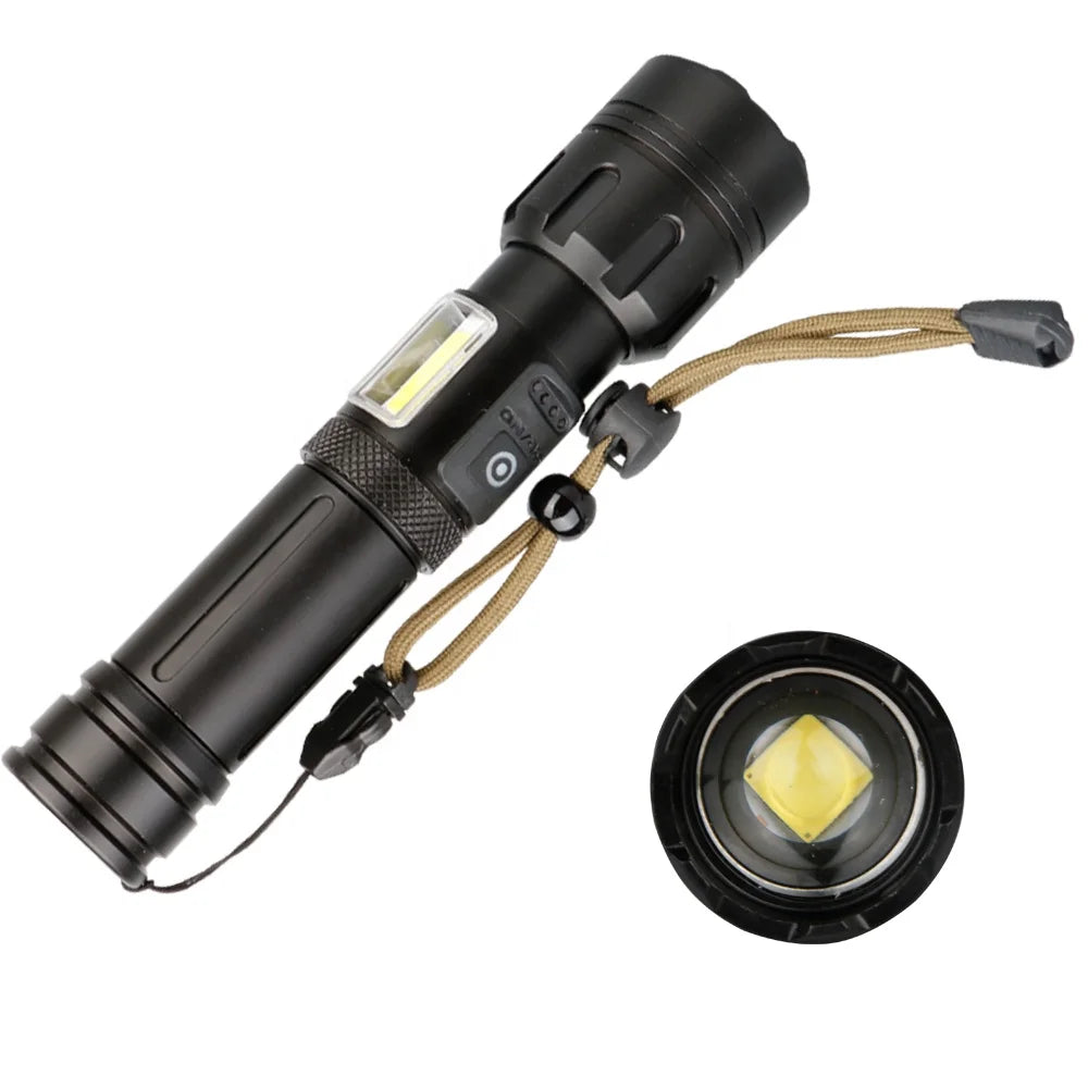 3800 Lumens XHP70 USB Rechargeable COB LED Flashlight with Aluminum Alloy Body IP65 Rating Zoomable Tactical Camping Light