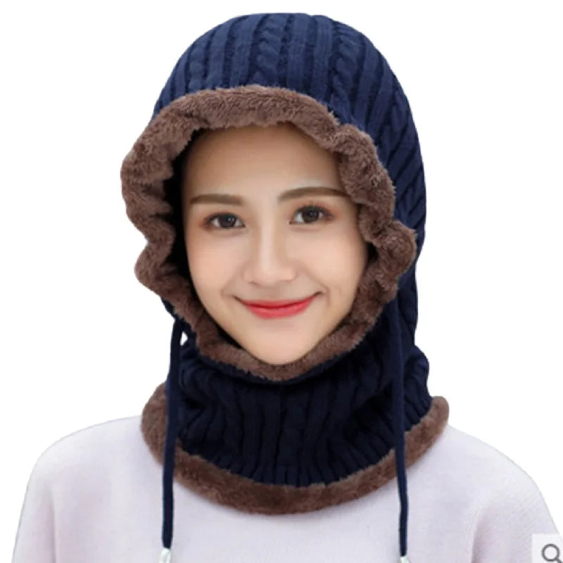 Soft Thicken Wool Ski Hat Men Women Ear Neck protection Warm Hats Winter Wool Hat Set Women Men Beanie Knitted Cap Scarf Sets