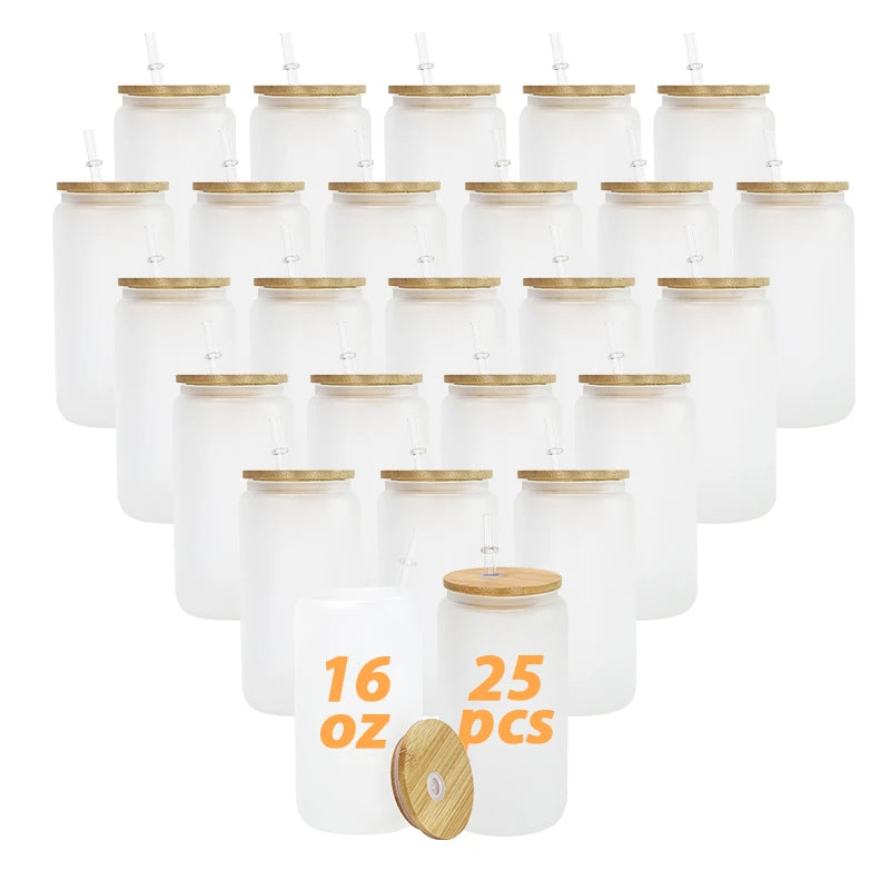 USA Warehouse RTS 25pcs/ctn 16oz Frosted Glass Can Sublimation Glass Tumler Mugs with Bamboo Lid and Plastic Straw
