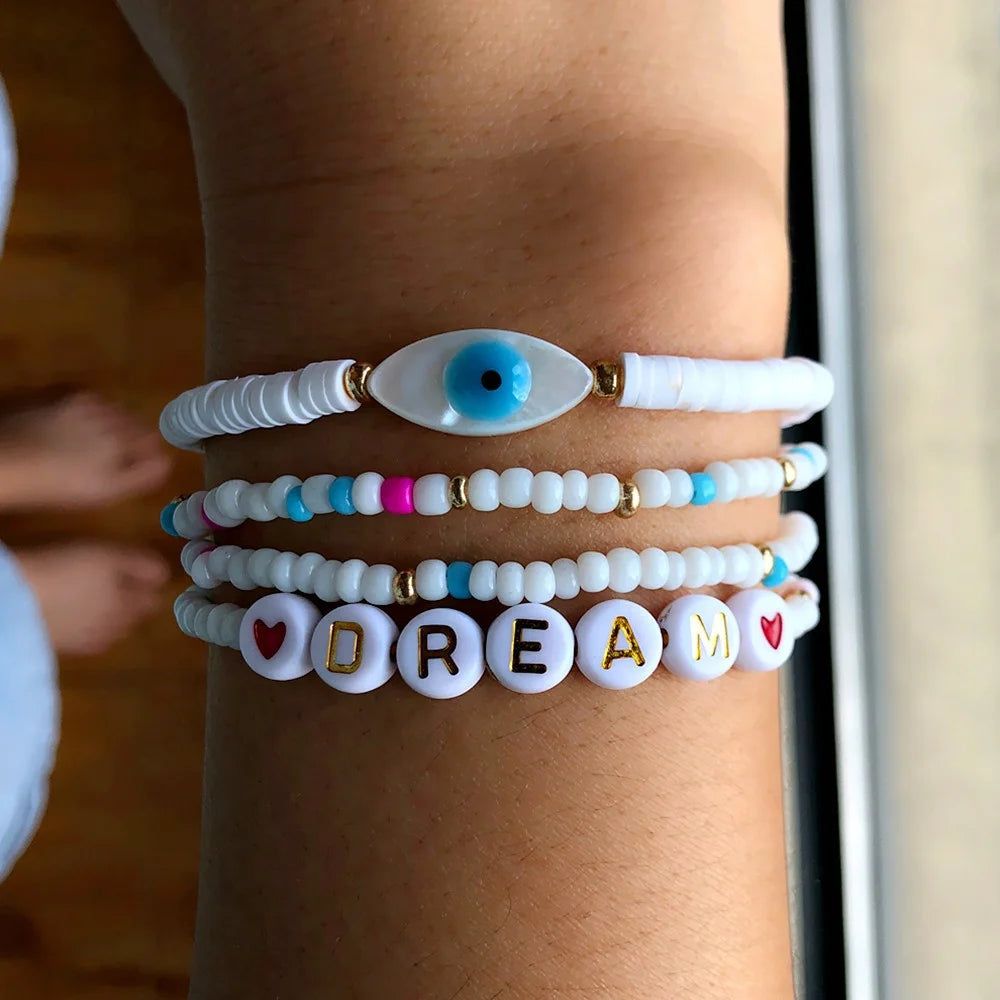 4 Set Luckycharm Handmade Beaded Kit Smail Shell Eye Rice Beads Love Words Disc Pearl Soft Clay Heishi Clay Bracelets for Women