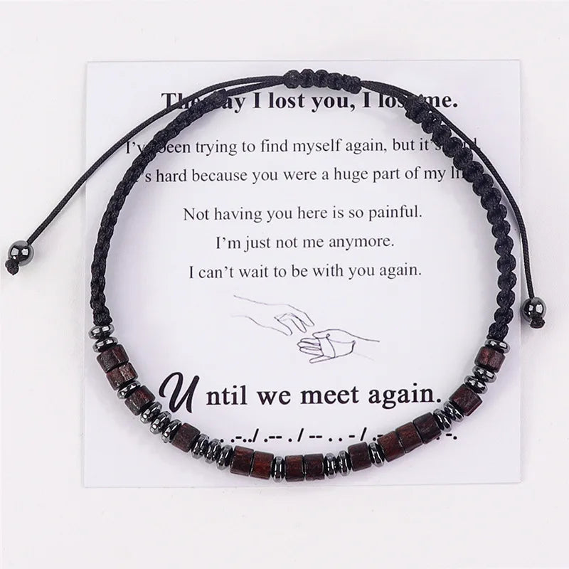 Simple Morse Code Bracelet Until We Meet Again Magneto Wood Bead Woven Card Bracelet Gifts for Women Men