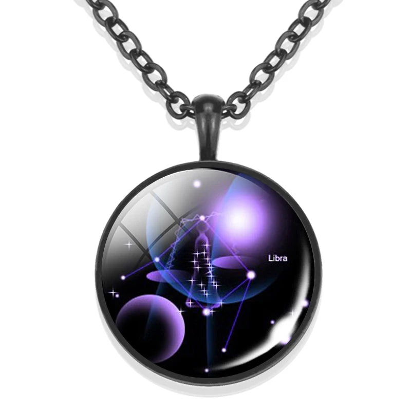 Zodiac Black Glass Dome Necklace Glass Cabochon Pendant Jewelry Birthday Gift for Women Men