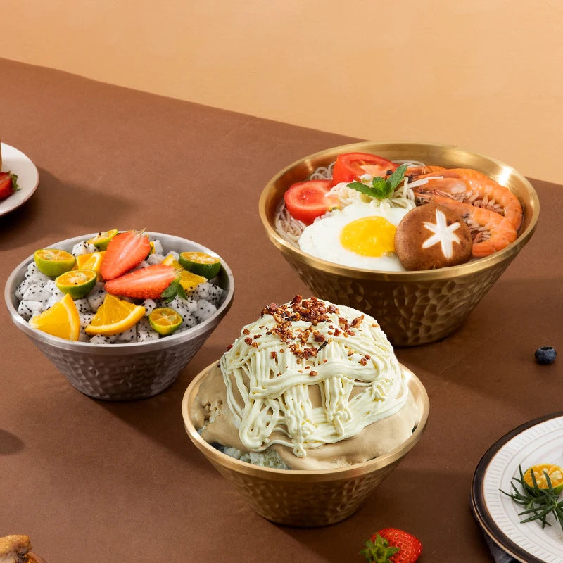 Hammered 304 Stainless Steel Double Wall Insulated Serving Bowls Eco-Friendly Polished Metal Ice Cream & Noodle Bowl for Parties