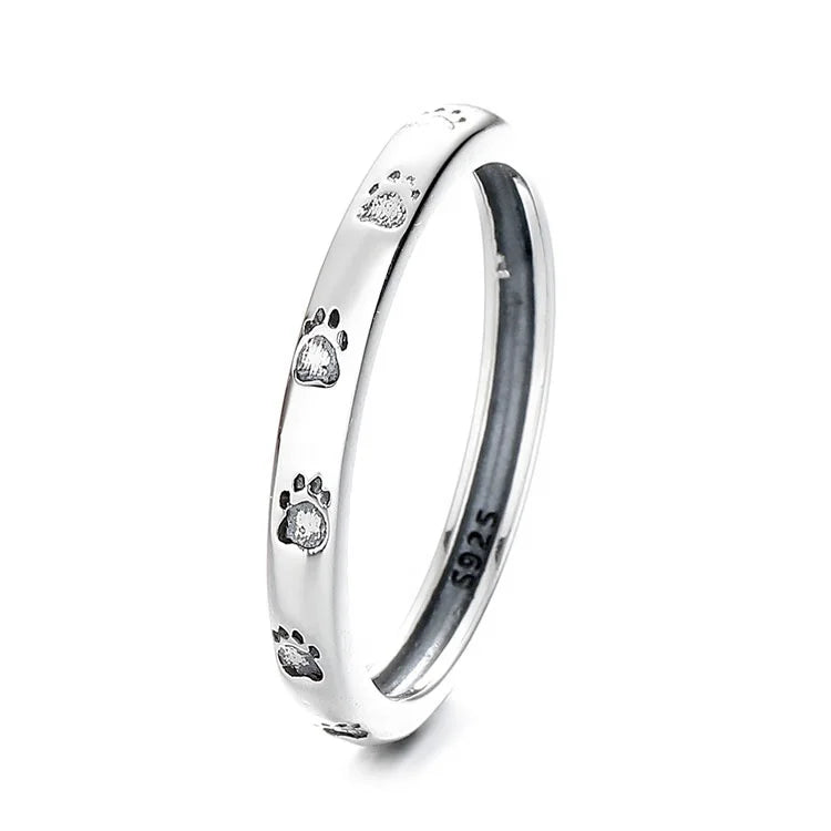 Pure Silver 925 Plain Ring With Cute Animal Paw Printing Thin Finger Band Ring for Women
