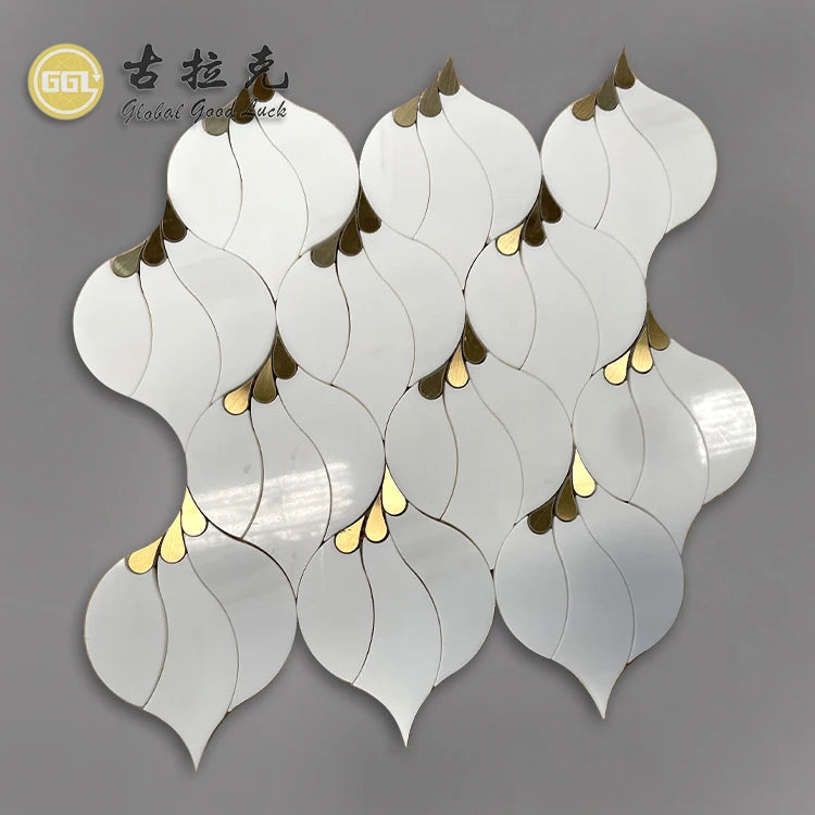 Decorative Patterns White Marble Waterjet Mosaic Floor Marble Tile Mix Brass