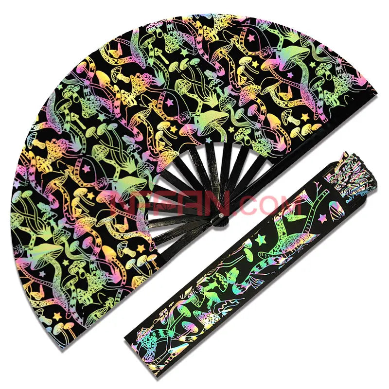 In Stock Iridescent Holographic Bamboo Folding Hand Held Clack Fan with Fan Bag for Rave Festivals Party Accessories