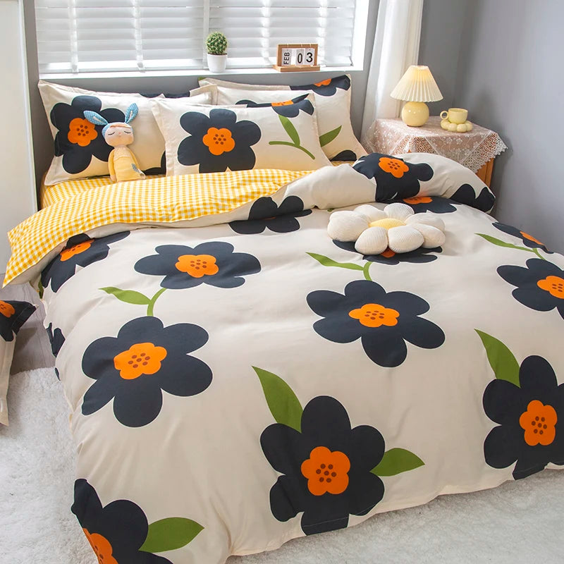 Beige Microfiber Duvet Cover and Bed Sheet Floral and Cartoon Printed 4-Piece Bedding Set with Zip Closure for Home Use