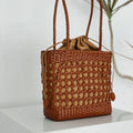 EMG6354 Genuine Leather Women's Casual Tote Bag with Two Straps Waterproof String Closure Cotton Lining Handmade