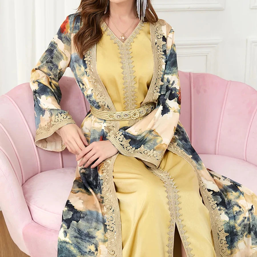 Middle Eastern Robe Light Luxury Splice Fashion Elegant Open Abaya Muslim Lady Two Piece Dress Islamic Dress Lace Embroidery Set