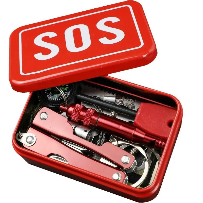 IRONDONKEY 6 Pcs Outdoor Steel Survival Kit Multifunctional Whistle Compass Emergency SOS Tool Emergency Equipment Set