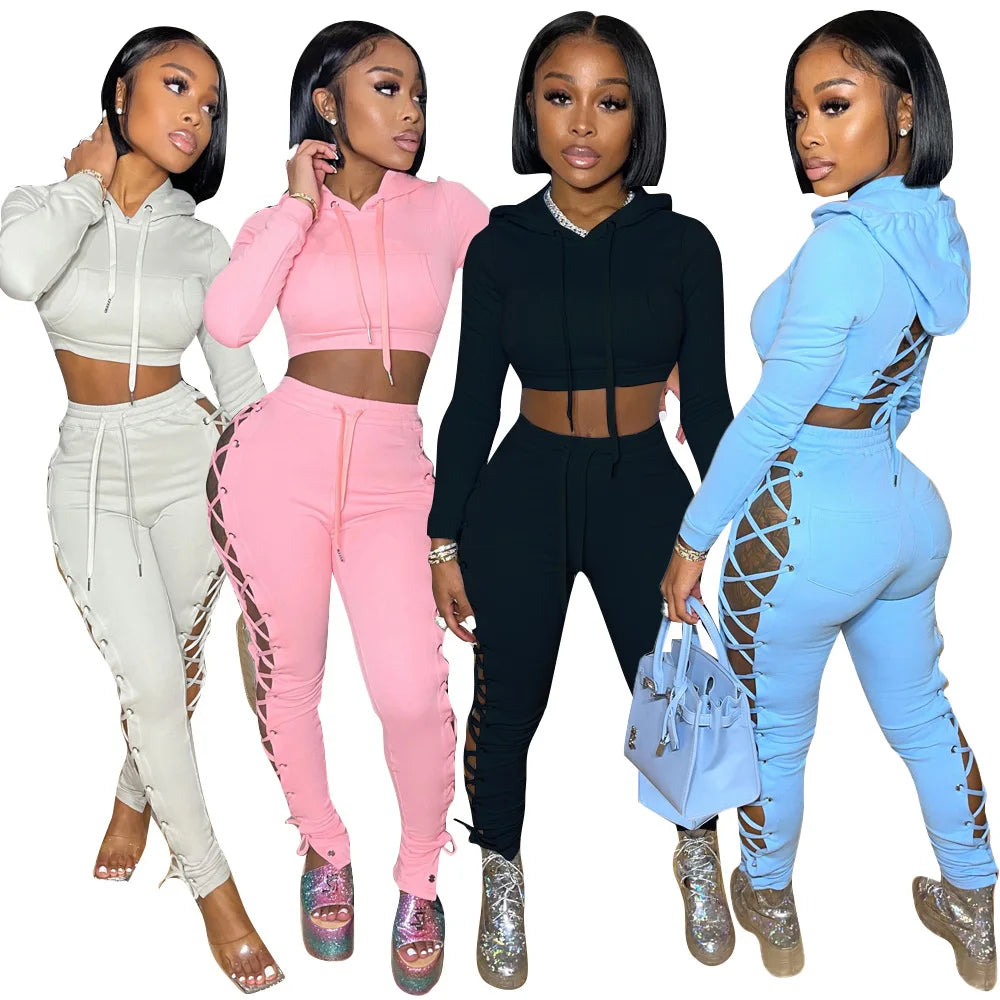 Autumn Women Long Sleeve Hollow Out Hoodie Sweatsuit Crop Top Bandage Style Two Piece Set Women Jogger Set