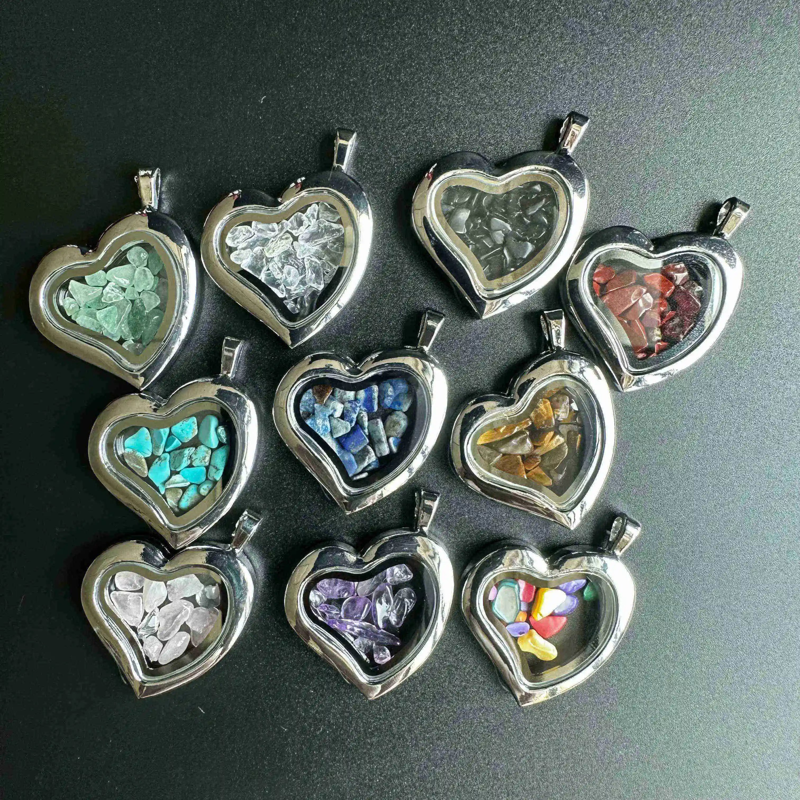 Wholesale Gravel Nature Stone Heart Pendant Healing Agate Crystal Reiki Quartz tiger Eye Crystal Stainless Steel Chain for Diy
