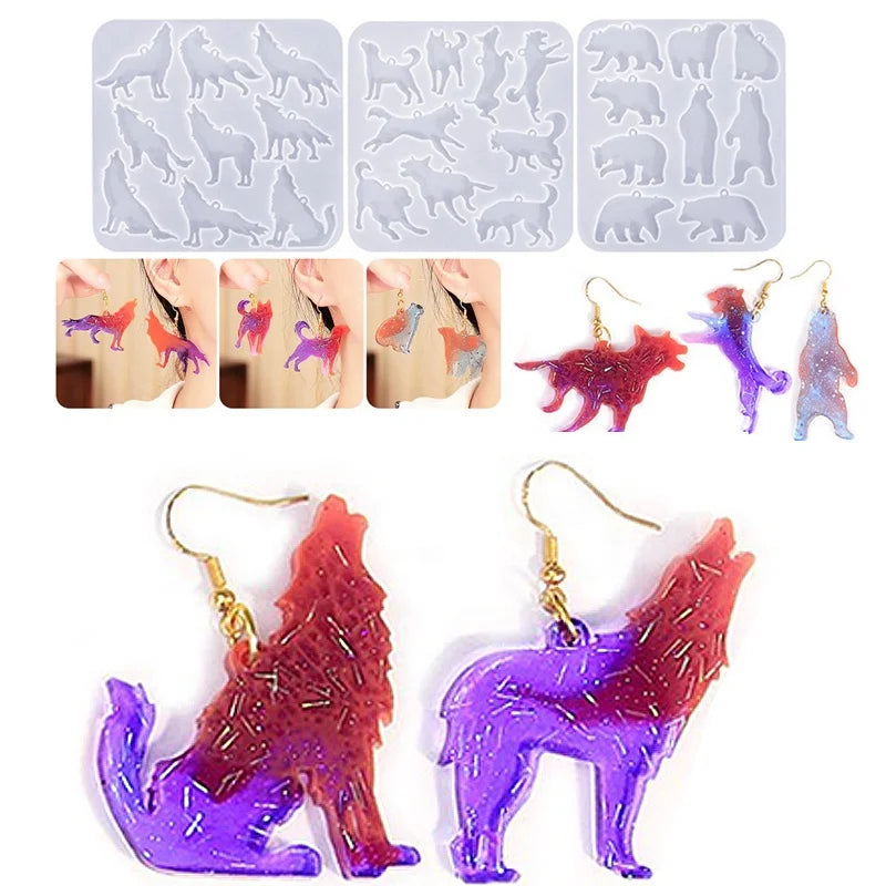 Adhesive DIY Ferocious Animal Series Silicone Mold Earrings Resin Pendant Jewelry Featuring Wolf Dog Snow Dog Polar Bear
