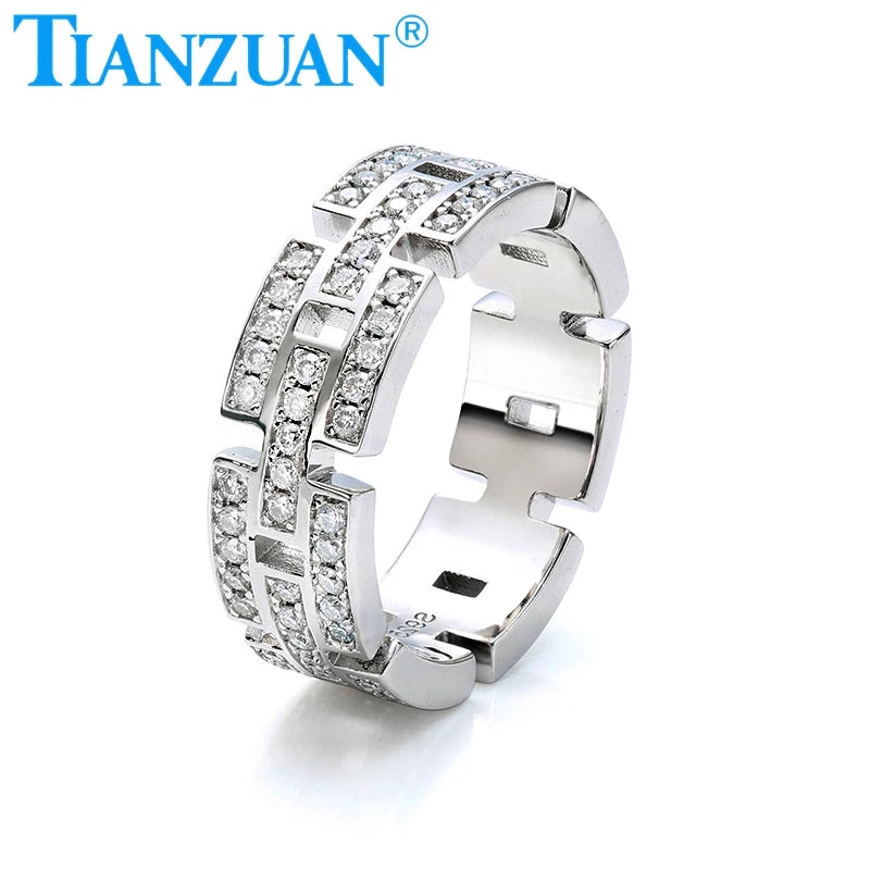 6.8mm Width Three Rows Hollow Out Rectangle Moissanite Ring Eternity Band 925 Silver Hip Hop Men Women Diamonds Male Jewelry