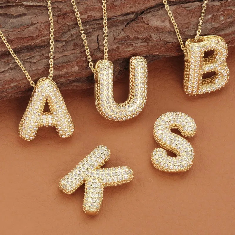 Super Popular 18k Gold Plated Copper Cross-Border Bubble English Letter Pendant Necklace Zircon Hip-Hop Balloon Clavicle Chain