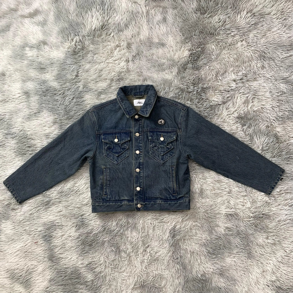 DENIMGUYS  High Street Trendy Men's Retro Y2k Washed Denim Coat Custom Embroidery Applique Streetstyle Crop Short Denim Jacket