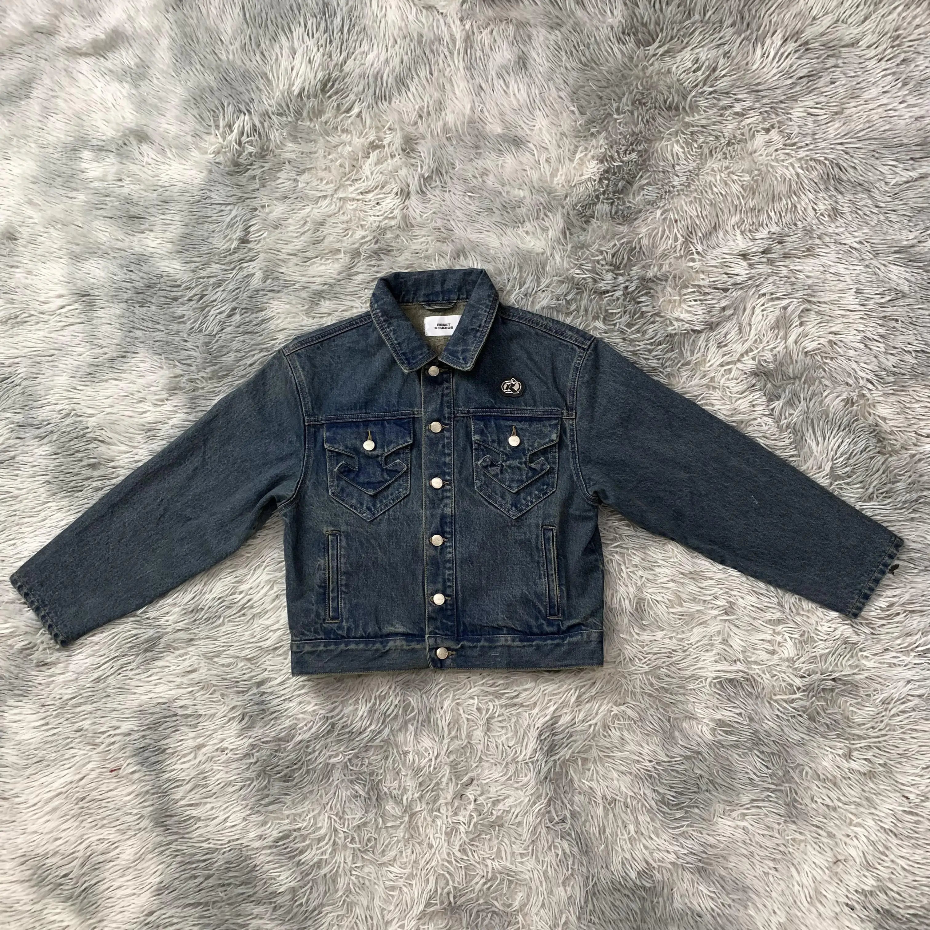 DENIMGUYS  High Street Trendy Men's Retro Y2k Washed Denim Coat Custom Embroidery Applique Streetstyle Crop Short Denim Jacket
