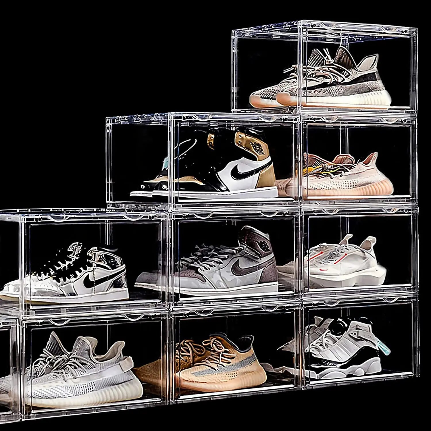 Clear Shoe Box Set of 9 Stackable Plastic Sneaker Box Container Magnetic Side Open Shoe Organizer and Shoes Storage Case